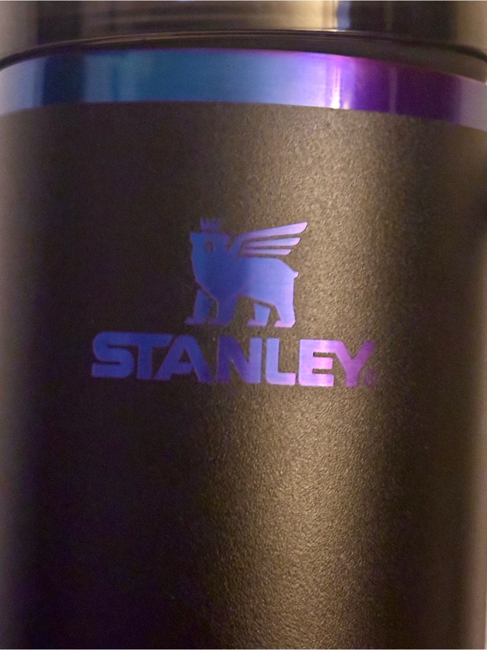 Stanley Black Tumbler with Iridescent Blue-Purple Trim